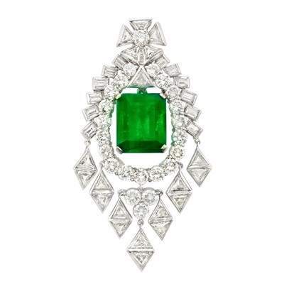 Lot 485 - White Gold, Emerald and Diamond Pendant