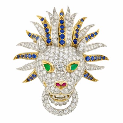Lot 286 - Two-Color Gold, Diamond and Gem-Set Lion Head Pendant-Brooch