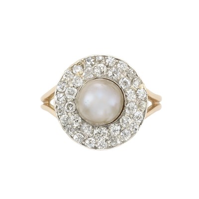 Lot 3069 - Edwardian Platinum-Topped Gold, Natural Button Pearl and Diamond Ring