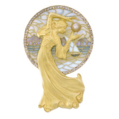 Lot 218 - Gold, Plique-a-Jour Enamel, Diamond and Cultured Button Pearl Pendant-Brooch, Masriera Hermanos