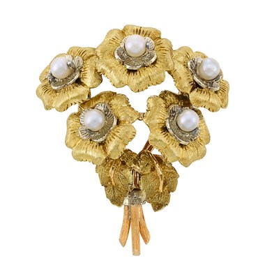 Lot 219 - Two-Color Gold and Cultured Pearl Bouquet Clip, Mario Buccellati