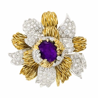 Lot 387 - Two-Color Gold, Amethyst and Diamond Flower Pendant-Brooch
