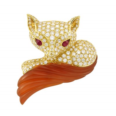 Lot 1 - Gold, Diamond, Cabochon Ruby and Carved Carnelian Fox Clip-Brooch