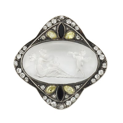 Lot 38 - Antique Silver, Gold, Reverse Rock Crystal Intaglio, Diamond, Yellow Diamond and Black Onyx Pin
