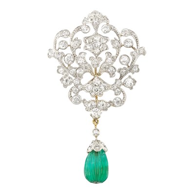 Lot 468 - Antique Platinum, Gold, Diamond and Fluted Emerald Bead Brooch, Kirkpatrick
