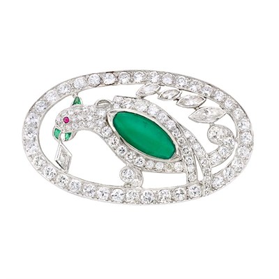 Lot 144 - Platinum, Cabochon Emerald and Diamond Brooch