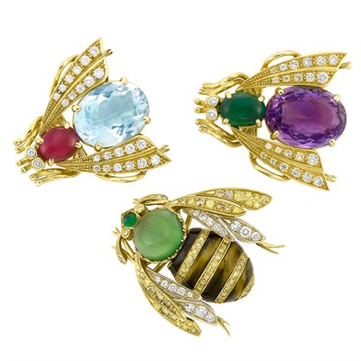 Lot 214 - Three Gold, Diamond, Gem-Set and Tiger's Eye Insect Brooches