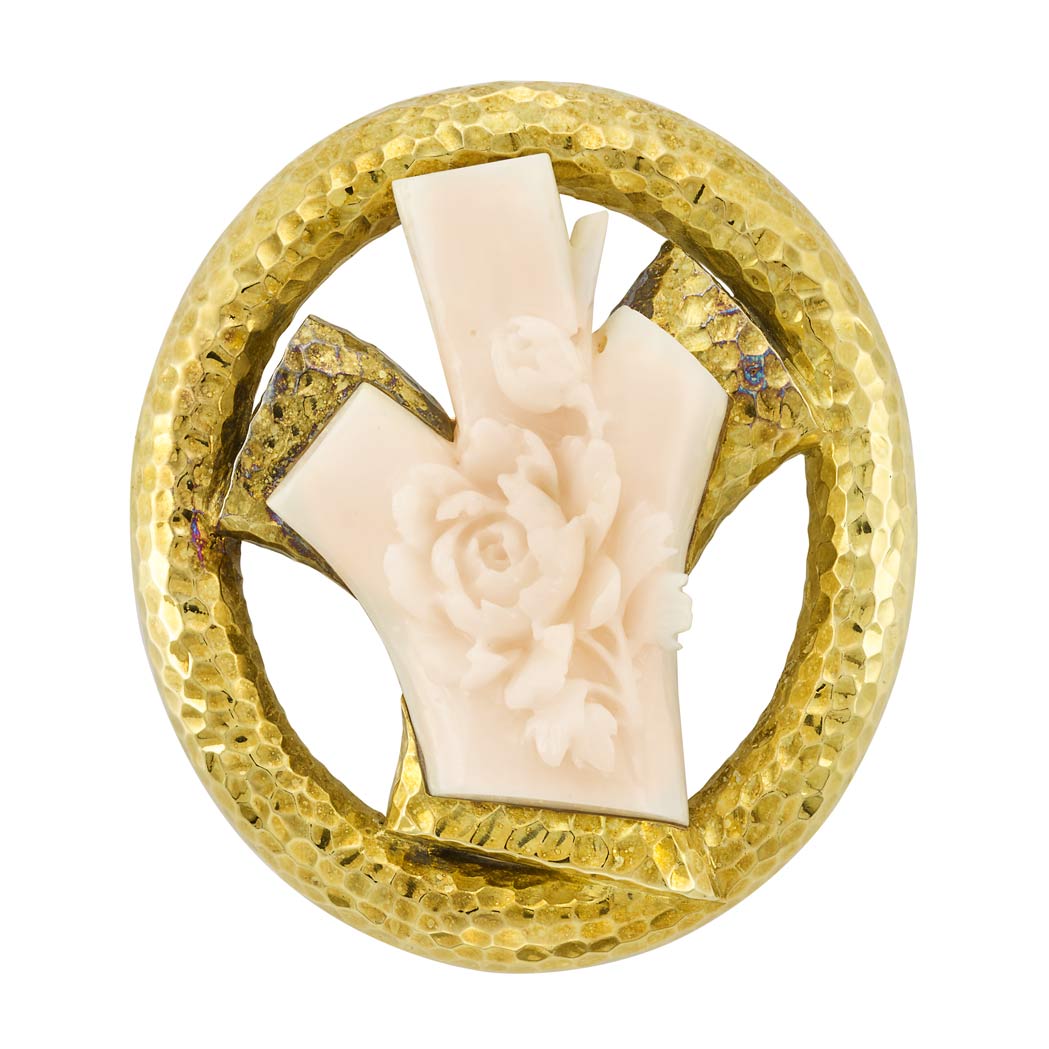Lot 187 - Hammered Gold and Carved Angel Skin Coral Pendant-Brooch, David Webb