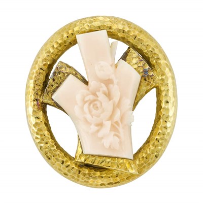 Lot 187 - Hammered Gold and Carved Angel Skin Coral Pendant-Brooch, David Webb