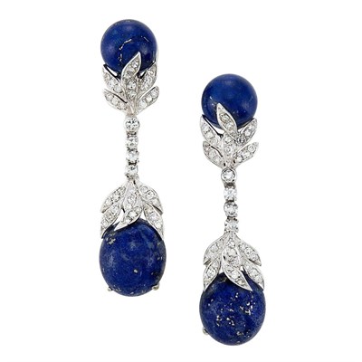 Lot 147 - Pair of White Gold, Lapis and Diamond Pendant-Earrings, David Webb