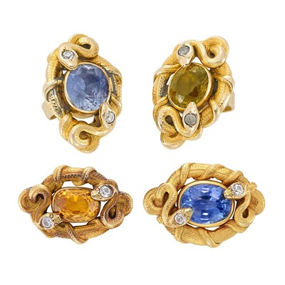 Lot 186 - Four Hammered Gold, Yellow Sapphire, Sapphire, Garnet, Diamond and Simulated Diamond Serpent Brooches and Rings