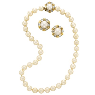 Lot 3295 - Pair of Two-Color Gold, Mabe Pearl and Diamond Earrings and Simulated Pearl, Diamond and Mabe Pearl Necklace