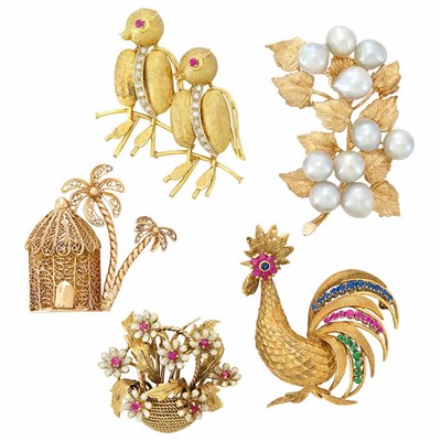 Lot 3180 - Five Gold, Diamond, Ruby, Sapphire, Emerald, Baroque Cultured Pearl and Enamel Brooches