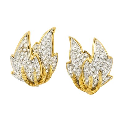Lot 3179 - Pair of Two-Color Gold and Diamond Leaf Earrings