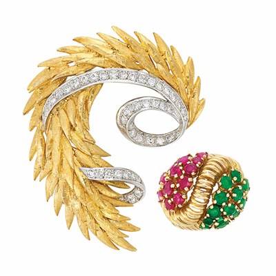 Lot 3316 - Two-Color Gold and Diamond Brooch and Gold, Ruby and Emerald Ring