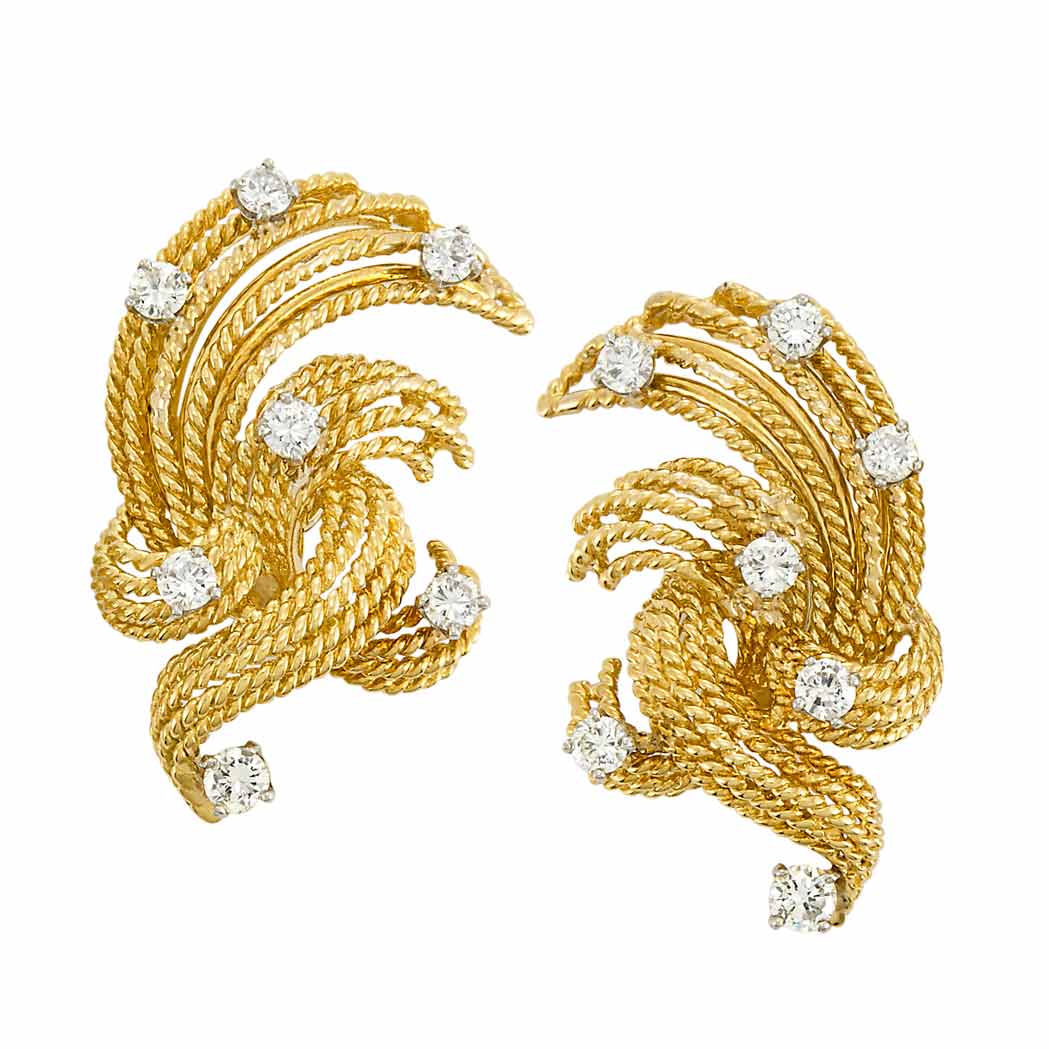 Lot 3034 - Pair of Two-Color Gold and Diamond Spray Earrings