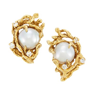 Lot 3302 - Pair of Gold, Cultured Pearl and Diamond Earrings, Arthur King