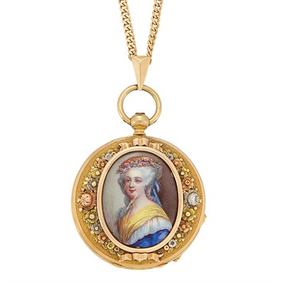 Lot 3323 - Antique Variegated Gold and Enamel Portrait Miniature Open Face Pendant-Watch with Chain and Watch Key