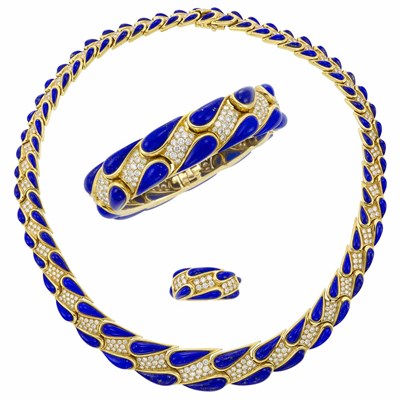 Lot 3420 - Gold, Lapis and Diamond Necklace, Bracelet and Ring, Mauboussin, France