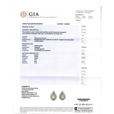 Lot 3221 - Pair of Platinum, Natural Button Pearl and Diamond Earrings