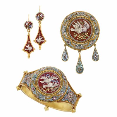Lot 3404 - Antique Gold and Micromosaic Bangle Bracelet, Brooch and Pair of Earrings