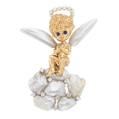 Lot 3347 - Gold, Platinum, Diamond, Freshwater Cultured Pearl and Sapphire Angel Brooch, Ruser