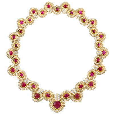 Lot 3401 - Gold, Cabochon Ruby and Diamond Necklace