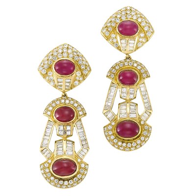 Lot 3402 - Pair of Gold, Cabochon Ruby and Diamond Earrings