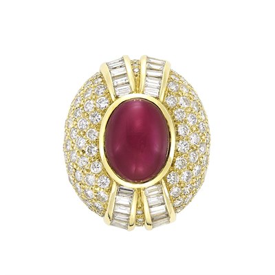 Lot 3403 - Gold, Cabochon Ruby and Diamond Ring