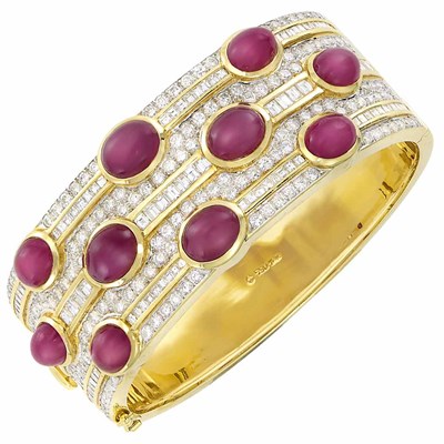 Lot 3399 - Gold, Cabochon Ruby and Diamond Bangle Bracelet