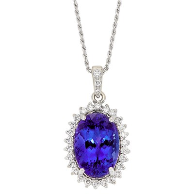 Lot 3076 - White Gold, Tanzanite and Diamond Pendant with White Gold Chain Necklace