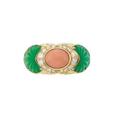 Lot 3163 - Gold, Cabochon Coral, Diamond and Carved Green Chrysoprase Ring, Cartier, France
