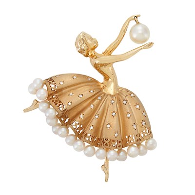 Lot 3290 - Gold, Cultured Pearl and Diamond Ballerina Brooch, Tiffany & Co.