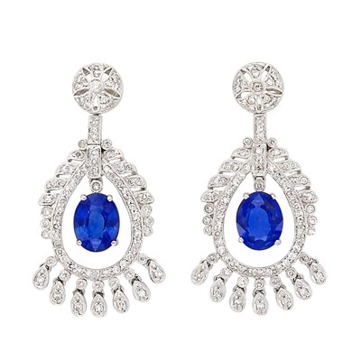 Lot 3270 - Pair of White Gold, Sapphire and Diamond Pendant-Earrings