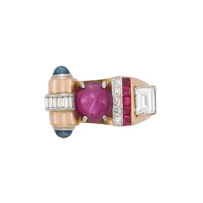 Lot 3200 - Retro Gold, Platinum, Star Ruby, Diamond and Sapphire Ring