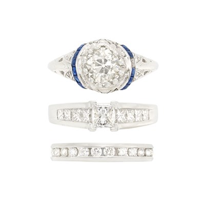 Lot 3240 - Two Platinum, White Gold, Diamond and Sapphire Rings and Band Ring