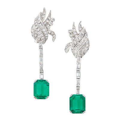 Lot 354 - Pair of Platinum, Diamond and Emerald Pendant-Earrings