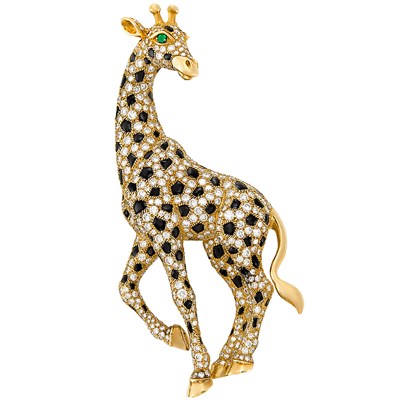 Lot 395 - Gold, Diamond and Black Onyx Giraffe Clip-Brooch, Cartier, France