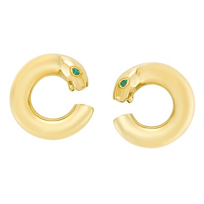 Lot 3379 - Pair of Gold and Emerald Panther Hoop Earrings, Cartier