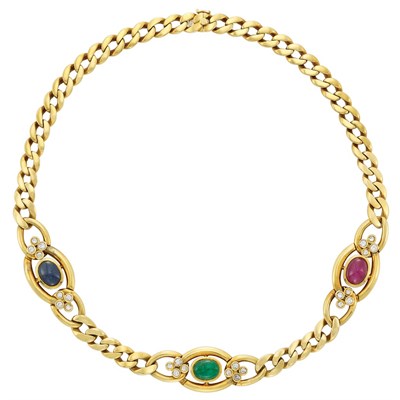 Lot 3385 - Gold, Cabochon Ruby, Sapphire and Emerald and Diamond Necklace, Fred, Paris