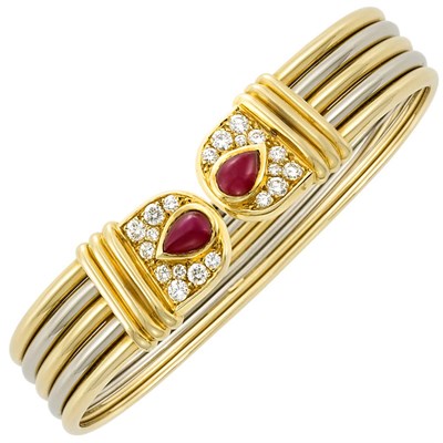 Lot 3005 - Tricolor Gold, Cabochon Ruby and Diamond Bangle Bracelet, Fred, France