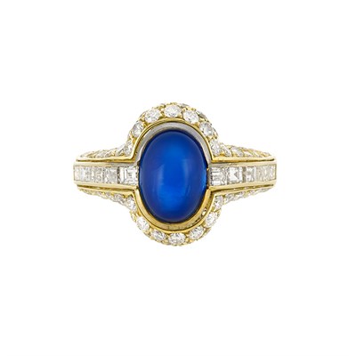 Lot 3390 - Gold, Cabochon Sapphire and Diamond Ring, Fred