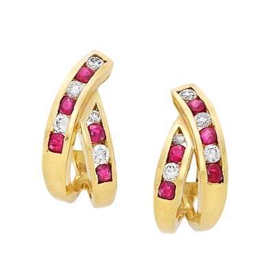 Lot 3008 - Pair of Gold, Ruby and Diamond Hoop Earrings, Cartier