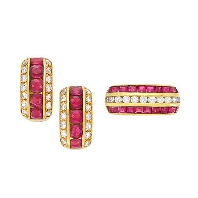 Lot 3012 - Gold, Ruby and Diamond Ring and Pair of Earrings
