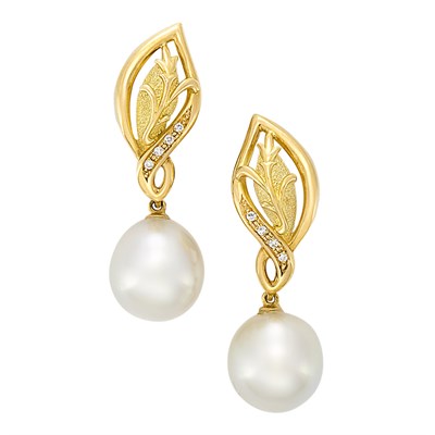 Lot 3294 - Pair of Gold, South Sea Cultured Pearl and Diamond Earrings