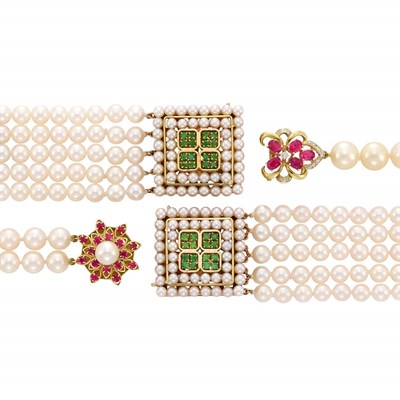 Lot 3324 - Three Gold, Cultured Pearl, Emerald, Ruby and Diamond Necklaces and Bracelet