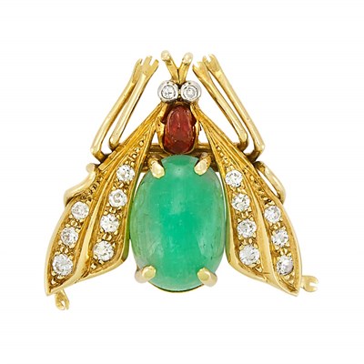 Lot 3094 - Gold, Cabochon Emerald, Diamond and Ruby Insect Brooch, Van Cleef & Arpels