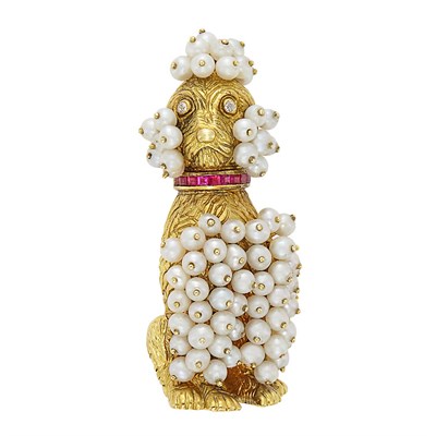 Lot 3289 - Gold, Cultured Pearl, Diamond and Ruby Poodle Brooch