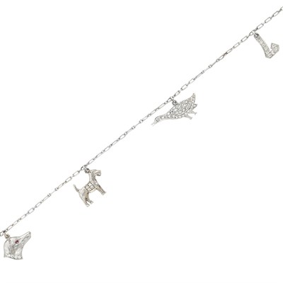 Lot 3071 - Art Deco Platinum, Diamond and Ruby Charm Bracelet