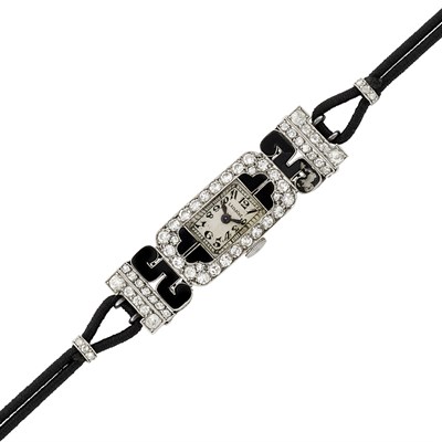 Lot 117 - Lady's Art Deco Platinum, Diamond and Black Enamel Wristwatch, Lacloche, France